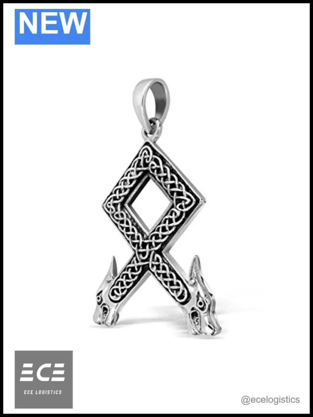 925 Sterling Silver Othala Wolf Head Viking Rune Pendant Necklace